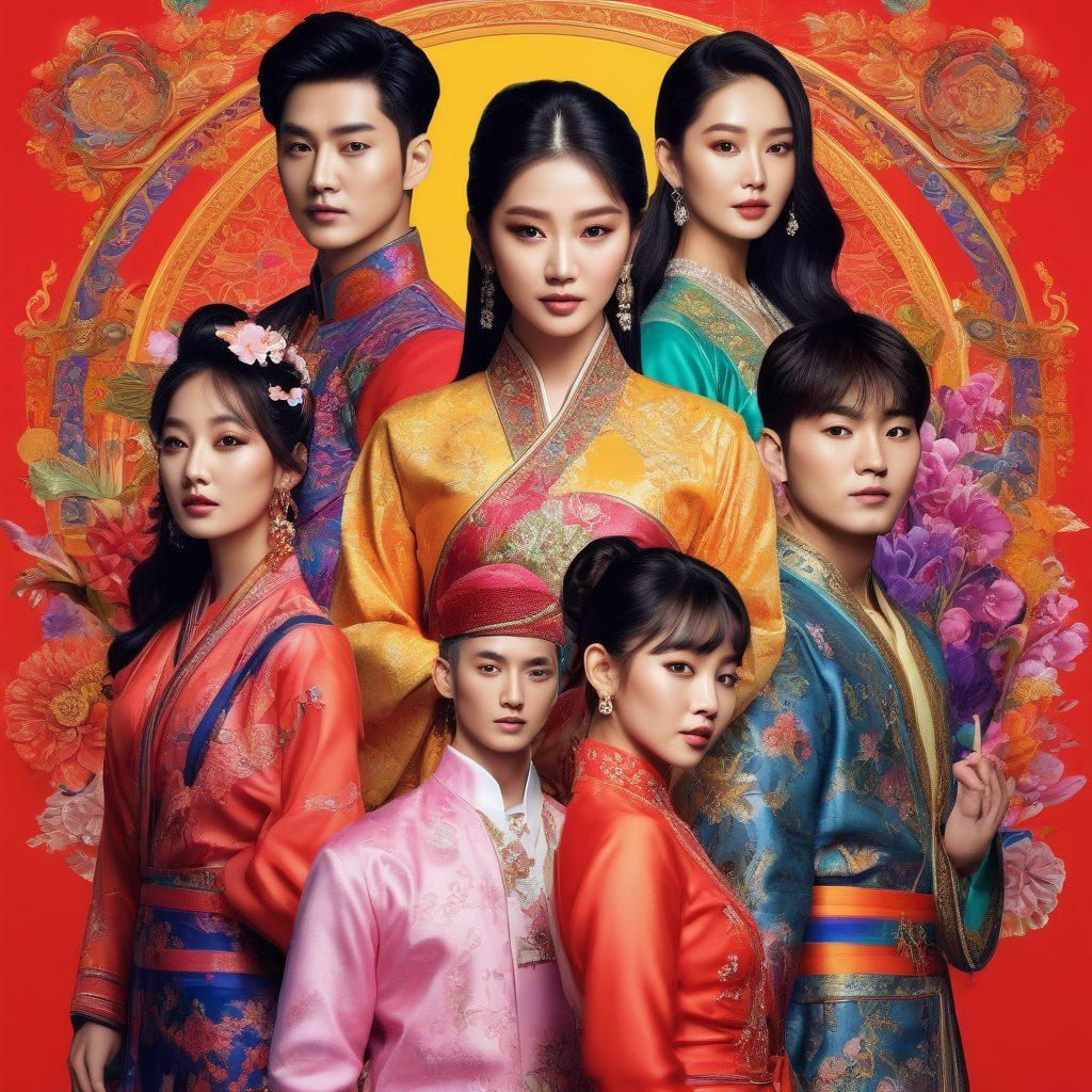 A vibrant and dynamic collage showcasing icons of Asian entertainment such as K-pop stars, Bollywood actors, and traditional performers, intertwined with elements of lavish fashion and celebrity gossip magazines. Illuminate the scene with bright colors and visually striking patterns that reflect the cultural richness and style diversity in Asian pop culture. Super-realistic. Vibrant colors. 3D.