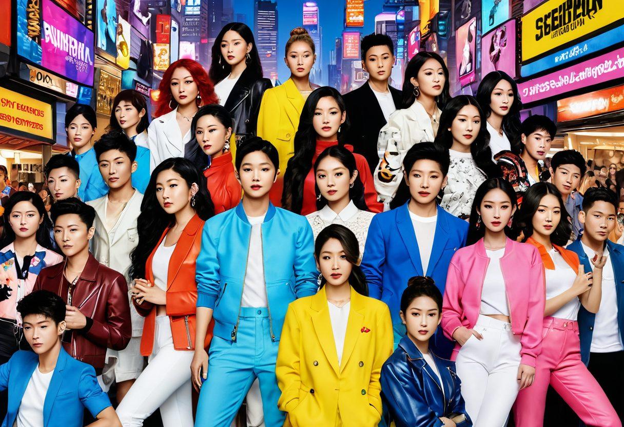 A dynamic scene capturing the essence of Asian pop culture, featuring a colorful collage of music icons, fashion trends, and trending social media apps. Include elements like K-pop stars in stylish outfits, bustling city streets filled with fans, and snippets of gossip headlines in bold fonts. Create an electrifying atmosphere infused with excitement and energy. vibrant colors. 3D. hyper-realistic.