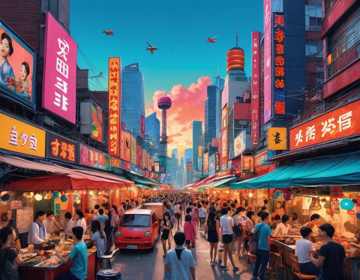 A vibrant collage showcasing various elements of Asian pop culture, including fans at an energetic K-pop concert, colorful street food stalls, iconic anime characters, and a bustling city skyline in the background. Blending traditional influences with modern trends, the image should convey the dynamic nature of current events and controversies in the region. Use vivid colors and a mix of artistic styles, such as pop art and digital collage. super-realistic. vibrant colors. 3D.